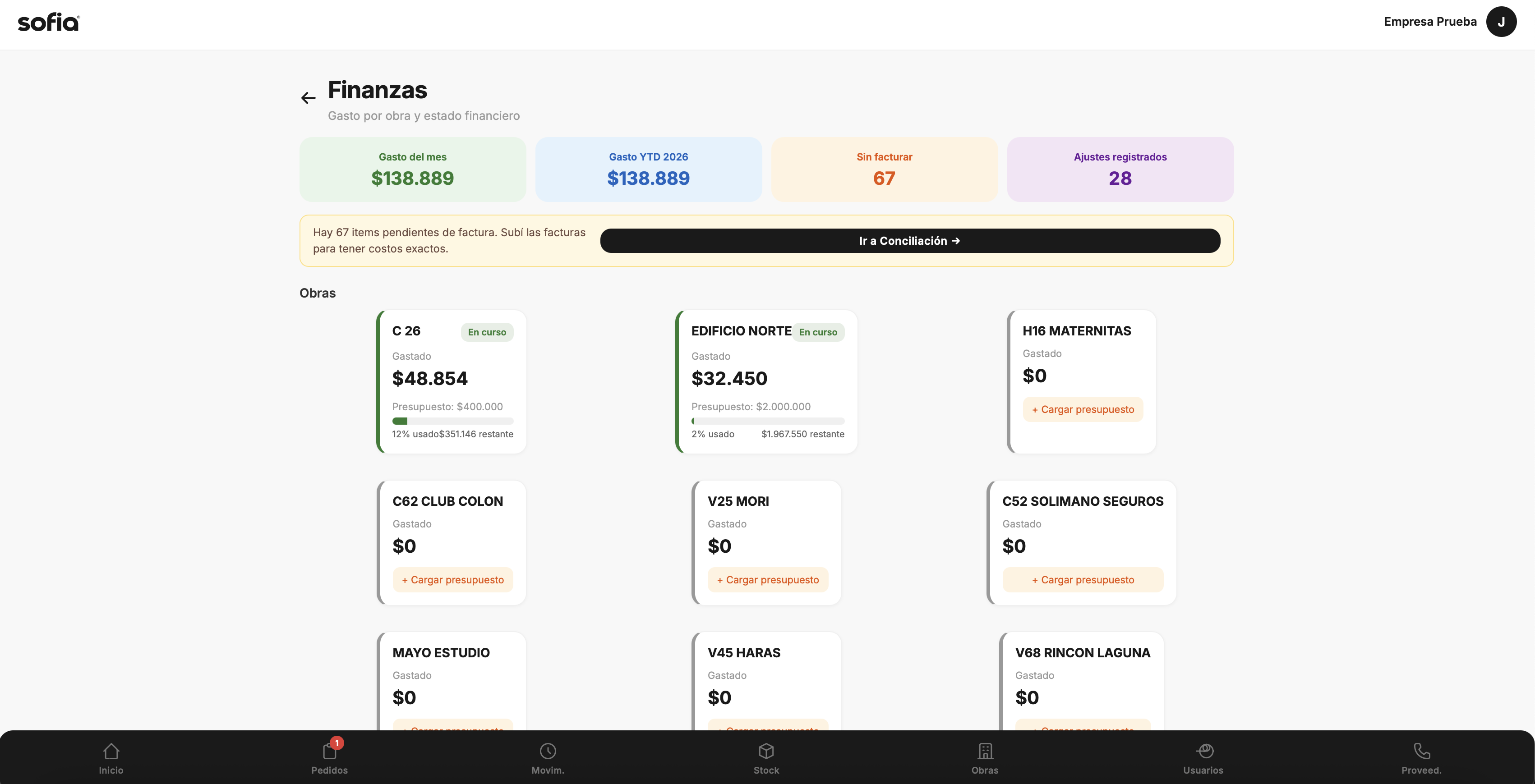 Dashboard financiero de obra en Sofia